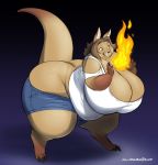  2017 anthro belly big_belly big_breasts breasts claws clothed clothing digital_media_(artwork) female fire gillpanda hair huge_breasts kangaroo magic mammal marsupial obese overweight simple_background solo standing thick_thighs toe_claws 