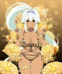  ass_visible_through_thighs bikini black_eyes breasts cleavage closed_mouth dark_skin flower hair_flower hair_ornament hair_ribbon jewelry large_breasts long_hair long_ponytail looking_at_viewer navel official_art pendant ponytail ribbon senran_kagura senran_kagura_new_wave smile solo swimsuit thigh_gap very_long_hair white_hair yaegashi_nan yellow yuyaki_(senran_kagura) 