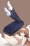  ahoge alternate_costume bad_anatomy breasts brown_background brown_hair denim double_bun eyebrows_visible_through_hair full_body hairband hands_on_own_chest heart highres jeans kantai_collection kongou_(kantai_collection) large_breasts leg_lift long_hair looking_at_viewer lying nel-c no_shoes on_back pants pink_sweater purple_eyes ribbed_sweater simple_background smile solo sweater white_hairband white_legwear 