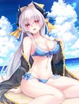 arm_support bangs bare_shoulders beach bikini blue_bikini blue_sky blush bow bow_bikini breasts cleavage cloud collarbone day dragon_horns dutch_angle eyebrows_visible_through_hair fate/grand_order fate_(series) frilled_bikini frills front-tie_bikini front-tie_top groin hair_between_eyes hair_bow hair_ornament hand_up head_tilt horizon horns kiyohime_(fate/grand_order) kiyohime_(swimsuit_lancer)_(fate) large_breasts lavender_hair lens_flare long_hair looking_at_viewer navel ocean open_mouth outdoors red_eyes sand sanom see-through shawl shiny shiny_skin silver_hair sitting sky smile solo sparkle stomach swimsuit very_long_hair water white_bow yellow_bow yokozuwari 