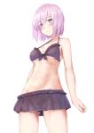  ass_visible_through_thighs bangs bare_arms bare_shoulders bikini black_bikini blush breasts closed_mouth collarbone commentary_request cowboy_shot eyebrows_visible_through_hair fate/grand_order fate_(series) front-tie_bikini front-tie_top groin hair_between_eyes highres jilu mash_kyrielight medium_breasts navel pink_eyes pink_hair short_hair simple_background solo swimsuit white_background 