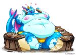  2017 anthro belly big_belly blush cake claws clothed clothing digital_media_(artwork) dragon food gillpanda girly hair male moobs navel nipples obese overweight overweight_male simple_background solo thick_thighs tongue tongue_out white_background wings 