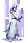  2018 4_toes 5_fingers anthro barefoot black_nose canine clothed clothing digital_media_(artwork) digitigrade dog green_eyes hair mammal melee_weapon mykegreywolf purple_hair solo sword toes weapon 