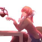  absurdres artist_name blue_skirt bow brown_hair chair coffee coffee_mug coffee_pot cup doki_doki_literature_club elbows_on_table green_eyes highres long_hair looking_at_another looking_to_the_side monika_(doki_doki_literature_club) mug multiple_girls open_mouth out_of_frame pin.s ponytail pouring saucer school_uniform sitting skirt smile solo_focus speech_bubble table thighhighs venus_symbol very_long_hair yuri 