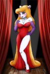  animaniacs anthro big_breasts blonde_hair blush breasts cleavage clothed clothing dress female fur hair looking_at_viewer minerva_mink nipple_bulge open_mouth solo vani-fox warner_brothers white_fur 