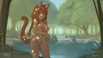  2018 5_fingers animal_humanoid areola big_breasts braided_hair breasts brown_fur brown_hair cat_humanoid ear_tuft feline feline_humanoid female fingers forest fur green_eyes hair hi_res humanoid long_hair mammal melee_weapon navel nipples nude outside paintrfiend pubes pussy rock simple_background sky solo standing sword tree tuft water weapon white_fur 