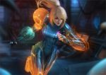  arm_cannon blonde_hair blue_eyes blurry bodysuit depth_of_field glowing gun handgun looking_ahead metroid mole mole_under_mouth ponytail raikoart realistic revision running samus_aran serious solo transforming_clothes upper_body varia_suit weapon zero_suit 