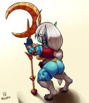 blue_skin bracelet breasts butt clothing costume female female/female hair hooves jewelry league_of_legends lilmoonie nude riot_games short_stack soraka staff tattoo video_games white_hair 