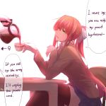  absurdres artist_name blue_skirt bow brown_hair chair coffee coffee_mug coffee_pot cup doki_doki_literature_club elbows_on_table engrish green_eyes hard_translated highres long_hair looking_at_another looking_to_the_side monika_(doki_doki_literature_club) mug multiple_girls open_mouth out_of_frame pin.s ponytail pouring ranguage saucer school_uniform sitting skirt smile solo_focus speech_bubble table thighhighs venus_symbol very_long_hair yuri 