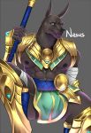  abs anthro anubian_jackal armor canine clothed clothing fur jackal league_of_legends looking_at_viewer male mammal mbvgfw1108 muscular muscular_male nasus_(lol) nipples riot_games simple_background sitting solo video_games 