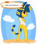  2018 angry animal_crossing animated ankha anthro areola black_eyes bottomless breasts butt cat clothed clothing cloud crossed_arms dialogue egyptian english_text feline female fur hair hi_res looking_at_viewer looking_back mammal nintendo outside portrait rear_view short_hair short_stack signature simple_background small_breasts solo striped_tail stripes talking_to_viewer text video_games whygena wraps yellow_fur 