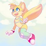  2018 anthro blue_eyes canine clothing cloud dipstick_tail flying footwear fox fur ginn88 girly gloves legwear male mammal miles_prower multicolored_tail navel nipples solo sonic_(series) video_games white_fur yellow_fur 