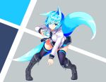  animal_ears aqua_eyes aqua_hair boots breasts foxgirl knife korigitsune multiple_tails original seifuku short_hair skirt tail thighhighs tie weapon 