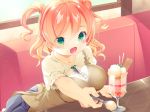  :o absurdres apron blush breasts brooch chair food green_eyes highres ice_cream indoors jewelry large_breasts looking_at_viewer medium_hair open_mouth orange_hair original parfait plump solo spoon sweets thiana0225 window 