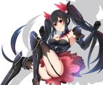  ass bare_shoulders black_dress black_hair black_legwear black_panties boots breasts cleavage detached_collar dress elbow_gloves four_goddesses_online:_cyber_dimension_neptune garter_straps gloves hair_between_eyes hair_ribbon hands_up knee_boots knees_up long_hair looking_at_viewer medium_breasts neptune_(series) noire open_mouth panties red_eyes ribbon ribbon-trimmed_dress roi_(liu_tian) shadow solo thighhighs twintails underwear upskirt very_long_hair 