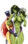  2girls areolae artist_name avengers blush breasts bulge clothing female female_only green_eyes green_hair green_lips green_skin hellcat heroine huge_breasts jennifer_walters krabby_(artist) large_breasts legs long_hair marvel mask mostly_nude multiple_females multiple_girls muscles muscular muscular_female navel nipples open_clothes partially_clothed patreon patreon_reward patreon_username patsy_walker red_hair she-hulk simple_background standing teasing thick_thighs thighs tight_clothing uniform vaginal_masturbation white_background yuri 
