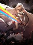  altera_(fate) bangs bare_shoulders black_footwear black_legwear blurry blurry_background breasts commentary_request crop_top dark_skin depth_of_field detached_sleeves eyebrows_visible_through_hair fate/extella fate/extra fate_(series) hair_between_eyes holding holding_sword holding_weapon kneehighs long_sleeves mallizmora photon_ray red_eyes shoes short_hair silver_hair small_breasts solo sword torn_clothes torn_veil veil weapon 