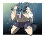  2018 4_fingers aji anthro black_sclera blue_eyes bulge canine clothed clothing crying digital_drawing_(artwork) digital_media_(artwork) fur heterochromia hindpaw human kneeling male mammal open_mouth pawpads paws red_eyes simple_background solo tears teeth tongue tongue_out torn_clothing transformation wolf 