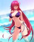  bikini blue_eyes blurry blurry_background breasts choker distortion high_school_dxd highres large_breasts long_hair looking_at_viewer mcdobo navel parted_lips purple_bikini red_hair rias_gremory side-tie_bikini signature solo standing swimsuit wading water 