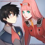  1boy 1girl aqua_eyes bangs black_hair blue_eyes breasts couple darling_in_the_franxx fringe hair_ornament hairband hetero hiro_(darling_in_the_franxx) horns long_hair long_sleeves looking_at_viewer medium_breasts military military_uniform necktie oni_horns pink_hair red_horns red_neckwear short_hair sydrianxoxo uniform white_hairband zero_two_(darling_in_the_franxx) 