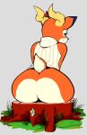  animal_crossing antelope anthro beau_(animal_crossing) blue_eyes blush bottomless butt clothed clothing flower fur half-closed_eyes horn latchk3y male mammal nintendo plant sitting smile solo tree_trunk video_games 