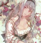  blouse blush breasts cleavage collarbone eyebrows_visible_through_hair hairband head_tilt highres idolmaster idolmaster_(classic) jewelry long_hair looking_at_viewer medium_breasts necklace parted_lips pearl_necklace purple_eyes shijou_takane signature silver_hair solo ueno_zousui upper_body 