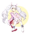  animal_ears azur_lane bangs bunny_ears camisole commentary eyebrows_visible_through_hair fake_animal_ears full_body fur-trimmed_jacket fur_trim hair_between_eyes hairband highres ikomochi jacket laffey_(azur_lane) long_hair long_sleeves looking_at_viewer off_shoulder open_clothes open_jacket parted_lips pink_jacket pleated_skirt red_eyes red_hairband red_skirt silver_hair simple_background sitting skirt sleeves_past_wrists solo strap_slip twintails white_background white_legwear 