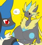  big_breasts black_skin blonde_hair blue_areola blue_fur blue_hair blush breasts duo empty_eyes female fur hair huge_breasts hyper hyper_breasts inverted_nipples japanese_text lucario navel neck_tuft nintendo nipples pok&eacute;mon pok&eacute;mon_(species) red_eyes reitounek simple_background sweat sweatdrop text thought_bubble tuft video_games white_fur yellow_background yellow_fur zeraora 