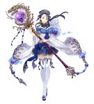  bare_shoulders black_hair bone earrings frilled_skirt frills full_body fur_trim grey_eyes hat holding holding_staff jewelry ji_no kaguya_hime_(sinoalice) looking_at_viewer off_shoulder official_art sandals sinoalice skirt skull smile solo staff thighhighs white_background wide_sleeves 