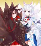  akagi_(azur_lane) animal_ear_fluff animal_ears azur_lane bangs black_hair blue_eyes blue_skirt blunt_bangs blush breasts brown_hair choker cleavage closed_mouth commentary_request eyebrows_visible_through_hair eyeshadow fox_ears fox_tail gloves hand_on_hip head_tilt highres holding honeycomb_(pattern) honeycomb_background japanese_clothes kaga_(azur_lane) large_breasts long_hair looking_at_viewer makeup mask misaki_(pixiv30645085) multiple_girls multiple_tails parted_lips partly_fingerless_gloves pleated_skirt red_eyes red_skirt rigging shikigami short_hair skirt smile tail tareme tassel thighs white_hair wide_sleeves 
