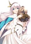  anastasia_(fate/grand_order) blue_eyes blush crown dress eyebrows_visible_through_hair fate/grand_order fate_(series) grey_hair hair_between_eyes hair_ornament hairband highres holding leaf_hair_ornament long_hair mini_crown nejime royal_robe solo very_long_hair white_dress 