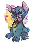  2013 4_fingers alien back_markings blue_claws blue_eyes blue_fur blue_nose blue_pawpads claws collar colored_sketch disney experiment_(species) fur head_tuft hi_res kiwi_(pixiv_8031786) lilo_and_stitch markings notched_ear open_mouth open_smile pawpads signature sitting small_tail smile solo stitch tuft 