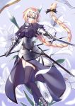  armor armored_boots armored_dress bad_id bad_pixiv_id black_ribbon blonde_hair boots braid commentary_request fate/grand_order fate_(series) flag flagpole flower hair_ribbon headpiece highres holding holding_sword holding_weapon jeanne_d'arc_(fate) jeanne_d'arc_(fate)_(all) lily_(flower) long_braid long_hair purple_eyes purple_legwear ribbon shukuzaki single_braid solo sword thighhighs very_long_hair weapon 