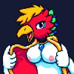  avian beak bird blonde_hair blue_eyes blue_feathers breasts clothing digital_media_(artwork) dyna_blade dyna_blade_(species) dynablade_savior feathers female gem green_feathers hair kirby_(series) nintendo open_mouth open_smile pixel_(artwork) smile solo video_games 