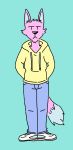  anthro blue_background blue_pants canine clothing doopcity gray_shoes hoodie mammal simple_background solo wolf yellow_clothing 
