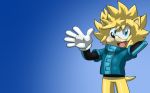  2011 anthro blue_background blue_eyes bottomless clothed clothing gloves gradient_background hedgehog is_(artist) male mammal open_mouth simple_background wave 