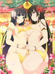  ass bikini black_eyes black_hair blue_eyes bracelet breasts choker cleavage covered_nipples earrings flower gloves gold_bikini grin hair_flower hair_ornament highres holding_hands ikaruga_(senran_kagura) jewelry kagura_(senran_kagura) large_breasts long_hair looking_at_viewer multi-strapped_bikini multiple_girls official_art senran_kagura senran_kagura_new_wave sideboob smile standing swimsuit symbol-shaped_pupils very_long_hair yaegashi_nan yellow_bikini 