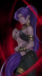  aino_chuan_daoshi armlet assassin_(fate/zero) bracelet breasts dark_skin earrings fate/grand_order fate_(series) female_assassin_(fate/zero) highres hoop_earrings jewelry long_hair medium_breasts pants ponytail purple_hair red_eyes ring solo tight tight_pants underboob very_long_hair 
