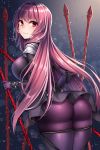  ass beeyan blush bodysuit breasts commentary_request dual_wielding fate/grand_order fate_(series) gae_bolg hair_intakes highres holding holding_weapon large_breasts long_hair looking_at_viewer looking_back pauldrons planted_weapon polearm purple_bodysuit purple_hair red_eyes scathach_(fate)_(all) scathach_(fate/grand_order) shoulder_armor spear wavy_mouth weapon 