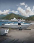  arms_behind_back beach black_eyes black_hair blurry boat bridge cloud commentary day depth_of_field grass head_tilt hill kneehighs long_hair looking_at_viewer original scenery school_uniform shiira shirt sky smile solo summer untucked_shirt water watercraft 