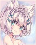  artist_name bare_shoulders blue_eyes border collarbone eyebrows_visible_through_hair hair_ornament hairclip head_tilt highres kouriiko looking_at_viewer looking_to_the_side md5_mismatch original pastel_colors portrait resized self_upload short_hair smile upscaled white_hair 