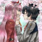  1boy 1girl bangs black_hair breasts cherry_blossoms couple darling_in_the_franxx emiliemilimontesco eyebrows_visible_through_hair eyes_closed face-to-face facing_another flower green_eyes hair_ornament hairband hands_on_another&#039;s_face hetero hiro_(darling_in_the_franxx) horns large_breasts long_hair long_sleeves looking_at_another military military_uniform necktie oni_horns orange_neckwear pink_hair red_horns red_neckwear short_hair uniform white_hairband zero_two_(darling_in_the_franxx) 