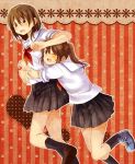  ;&gt; arms_around_waist bangs black_legwear blue_footwear blush brown_eyes brown_footwear brown_hair brown_skirt ears_visible_through_hair hachiko_(hati12) hug looking_at_viewer multiple_girls one_eye_closed open_mouth original patterned_background pleated_skirt ponytail school_uniform short_hair short_sleeves skirt socks yuri 