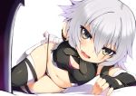  bandaged_arm bandages bangs bare_shoulders black_gloves black_legwear black_panties black_shirt blush breasts cleavage_cutout eyebrows_visible_through_hair facial_scar fate/apocrypha fate/grand_order fate_(series) fingerless_gloves gloves green_eyes grey_hair hair_between_eyes jack_the_ripper_(fate/apocrypha) long_hair navel nejime open_mouth panties scar scar_across_eye scar_on_cheek shirt simple_background small_breasts solo thighhighs underwear white_background 