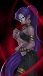  aino_chuan_daoshi armlet assassin_(fate/zero) bracelet breasts commentary_request dark_skin earrings fate/grand_order fate_(series) female_assassin_(fate/zero) highres hoop_earrings jewelry long_hair medium_breasts pants ponytail purple_hair ring skull_mask solo tight tight_pants underboob very_long_hair 
