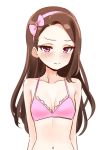  blush bow bra breasts brown_hair cleavage deadnooodles hair_bow hairband idolmaster idolmaster_(classic) long_hair looking_at_viewer minase_iori navel pink_bra red_eyes small_breasts solo sweat underwear wavy_mouth 
