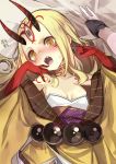  :o blonde_hair breasts facial_mark facial_tattoo fang fate/grand_order fate_(series) forehead_mark highres ibaraki_douji_(fate/grand_order) japanese_clothes kimono long_hair looking_at_viewer lying on_back oni_horns open_mouth out_of_frame pov pov_hands red_skin slit_pupils small_breasts solo_focus tattoo upper_body yamacchi yellow_eyes yellow_kimono 