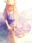  blonde_hair closed_eyes commentary dress english_commentary eyebrows_visible_through_hair facing_viewer feet_out_of_frame flower head_wreath highres leaf long_hair original petals purple_dress red_flower red_rose romiy rose sitting smile solo 