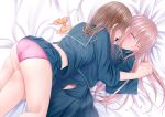  ass bed_sheet blue_eyes blush bow bowtie bowtie_removed breasts brown_hair closed_eyes couple crotch_seam highres holding_hands imminent_kiss kiss lace lace-trimmed_panties leg_between_thighs long_hair lying midriff midriff_peek multiple_girls naginagiwaffle neck_kiss on_back one_eye_closed open_clothes open_mouth open_skirt original panties panty_peek pink_hair pink_panties pleated_skirt profile red_panties school_uniform serafuku sidelocks skirt skirt_lift straddling tearing_up underwear unzipped yuri 