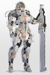  absurdres armor ass_visible_through_thighs battlesuit black_hair black_legwear breasts brown_eyes cleavage cyborg full_body gauntlets grey_background groin gun helmet highres holding holding_weapon large_breasts long_hair original planted_weapon see-through solo standing thighhighs warrior weapon wei_(kaminari0411) 